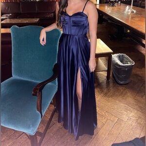 Elegant Navy Blue Satin Gown with Slit